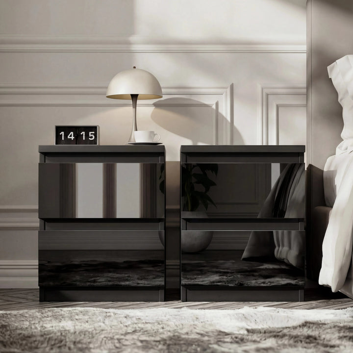 [Black] pair of high gloss bedside tables with handleless push-open drawers styled with clock and lamp