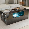 Black high gloss coffee table with blue LED lights, drawers, and open shelving, perfect for sleek and modern interiors.