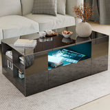 [Black] high gloss coffee table with blue LED lights, drawers, and open shelving, perfect for sleek and modern interiors.