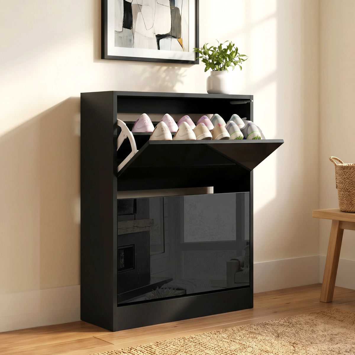High Gloss 2 Drawer Slim Shoe Storage Cabinet Hallway