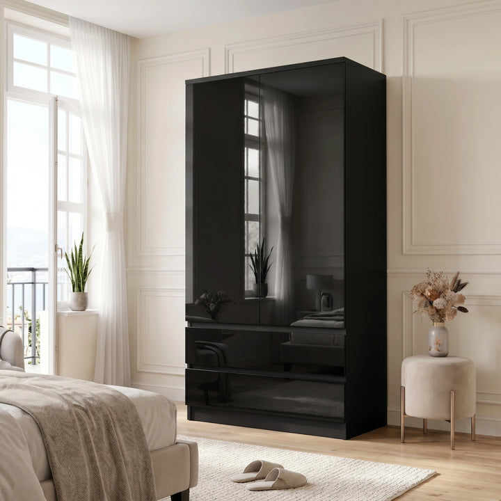 [Black] Bedroom view of gloss wardrobe beside tall window, neutral bed, plant, stool, and panelled wall