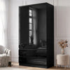 [Black] Front room view of gloss wardrobe with reflective doors, lower drawers, panelled wall, and stool