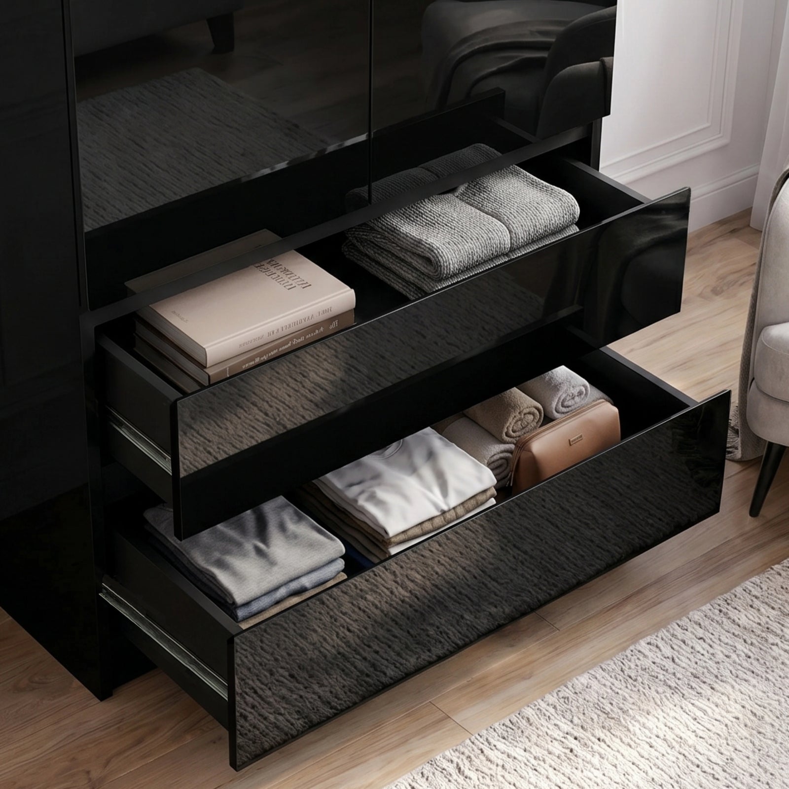 [Black] Two lower drawers open showing folded clothes, books, towels, and pouch inside glossy fronts