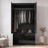 [Black] Open wardrobe view showing hanging rail, coats, shirts, hinges, handbag, hat, and lower drawers