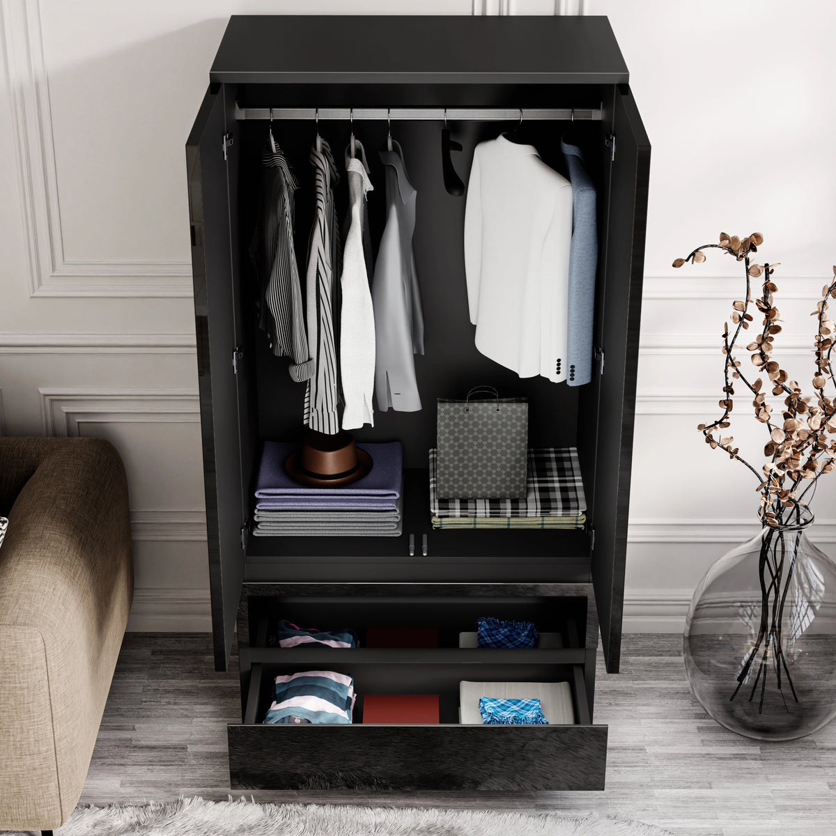 [Black] Open wardrobe view showing hanging rail, coats, shirts, hinges, handbag, hat, and lower drawers