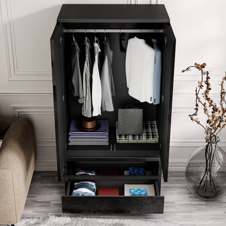 [Black] Open wardrobe view showing hanging rail, coats, shirts, hinges, handbag, hat, and lower drawers