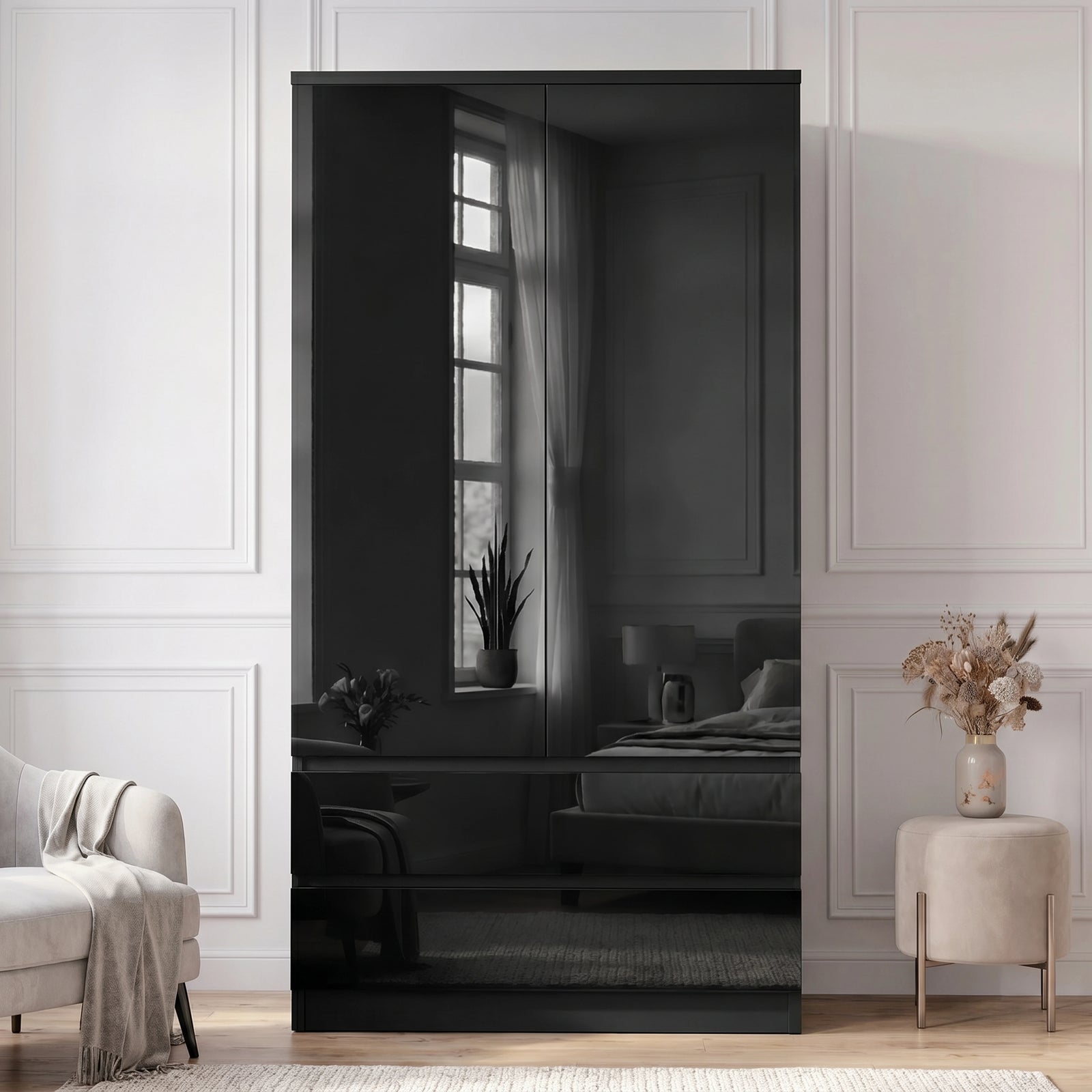 [Black] Straight front view of gloss wardrobe with reflective doors, lower drawers, side chair, and vase