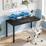 [120 X 50 cm] Home Office Desk styled in a blue and white room with dual monitors, keyboard, anglepoise lamp, succulent, mesh chair, and gallery wall art