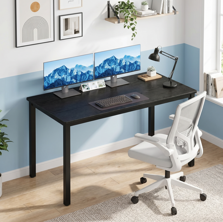 [120 X 50 cm] Home Office Desk styled in a blue and white room with dual monitors, keyboard, anglepoise lamp, succulent, mesh chair, and gallery wall art