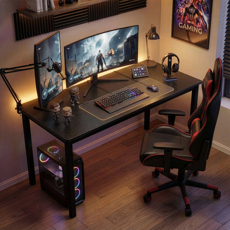 [100 X 50 cm] 100cm black computer table styled with gaming PC tower and RGB keyboard on top