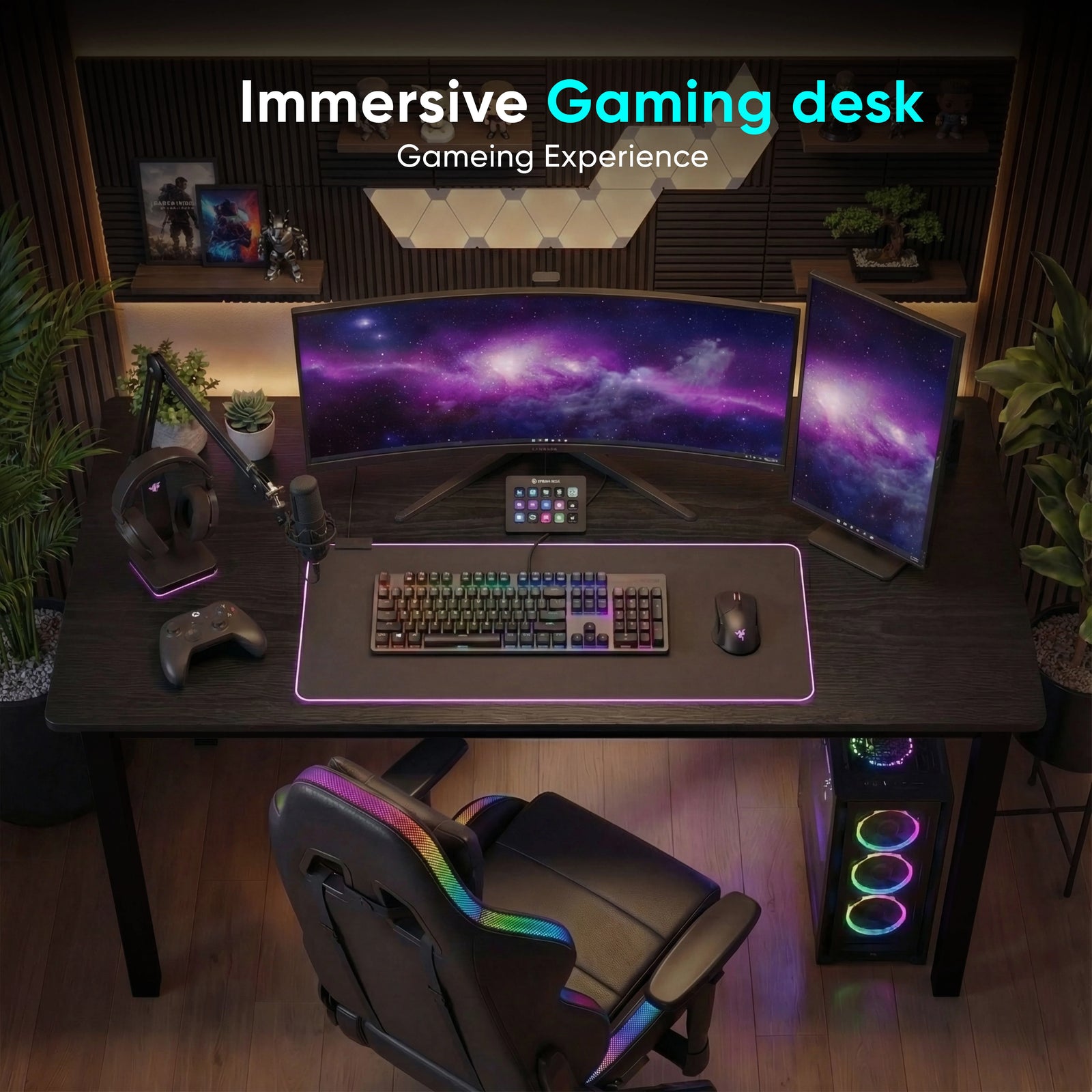 [100 X 50 cm] Black 100cm desk overhead shot, gaming chair tucked under, RGB strips under top edge