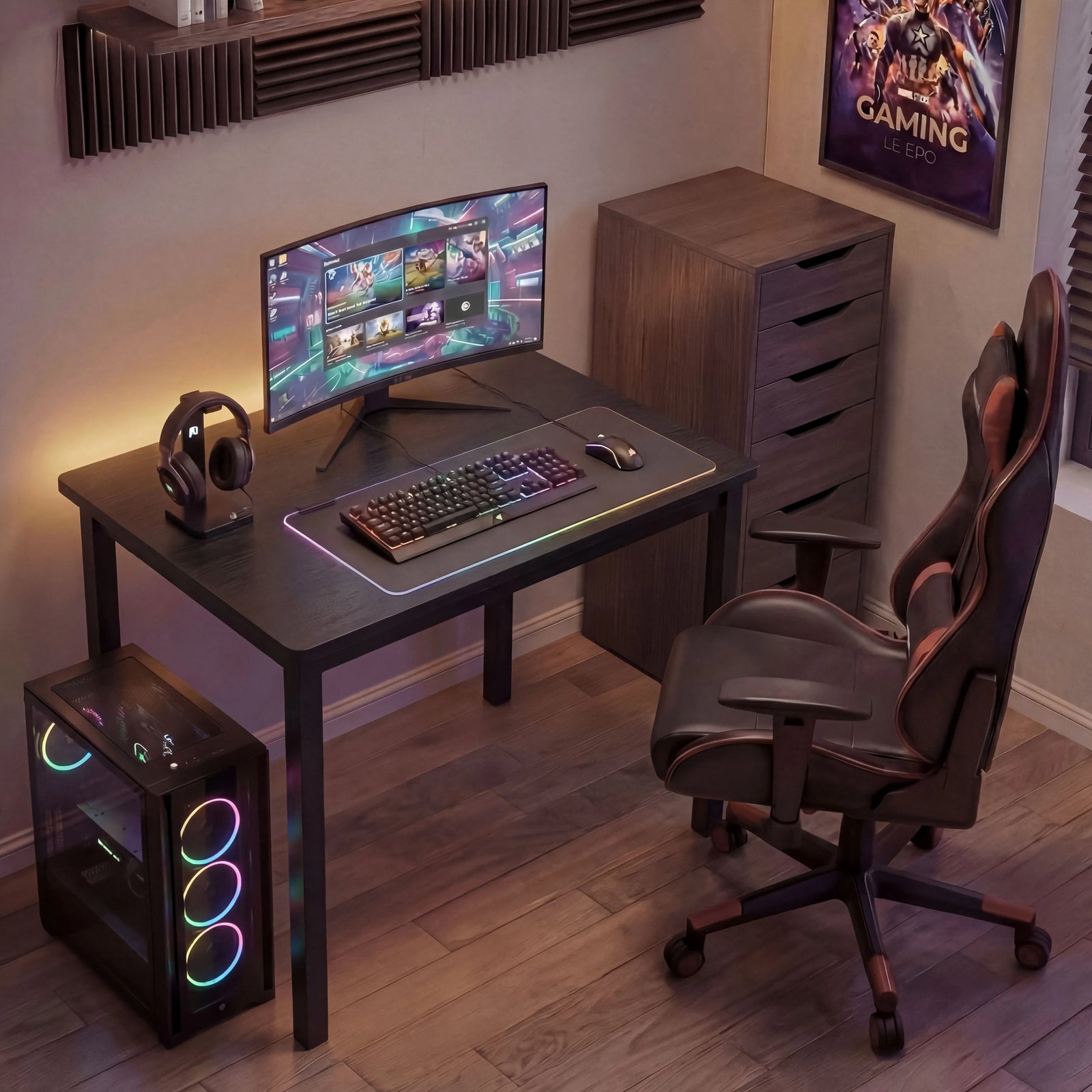 [80 X 50 cm] Black writing study desk used for gaming, monitor on top with headset hooked on left edge