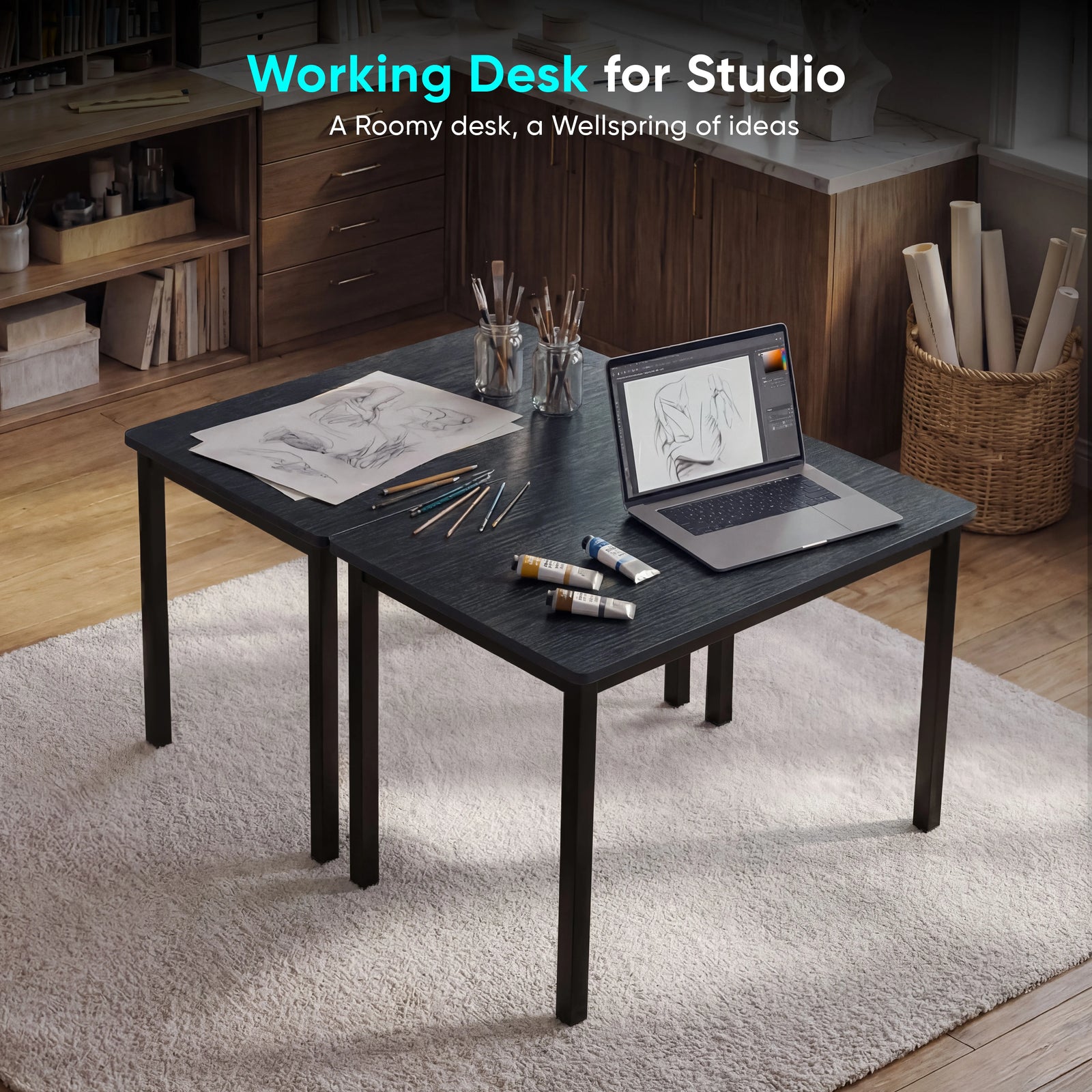 [80 X 50 cm] Black home office desk 80cm as art studio with sketchbook, paint tubes and laptop on top