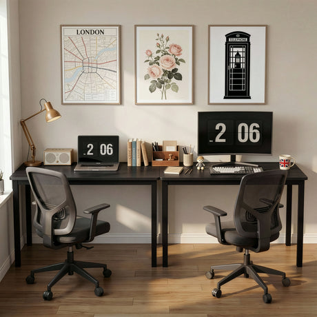 [80 X 50 cm] Pair of 80cm black computer tables styled as shared study with London print and clocks