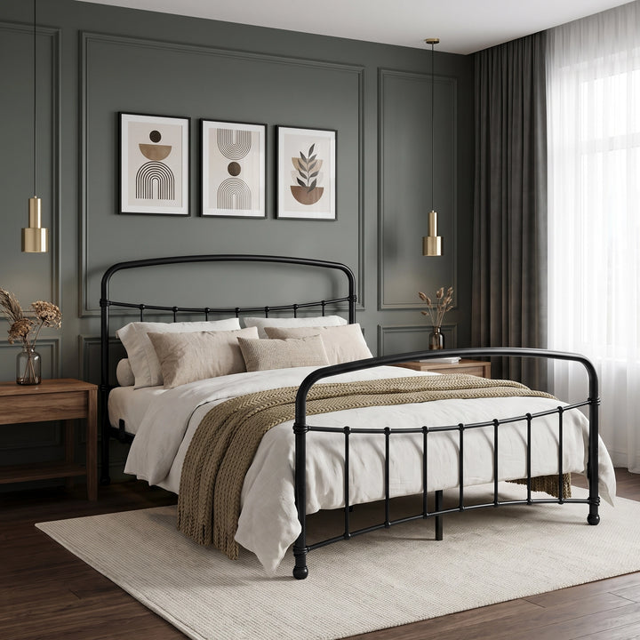[Black | King] Angled view of curved black bed with beige knitted throw, brass pendant lights and three abstract prints