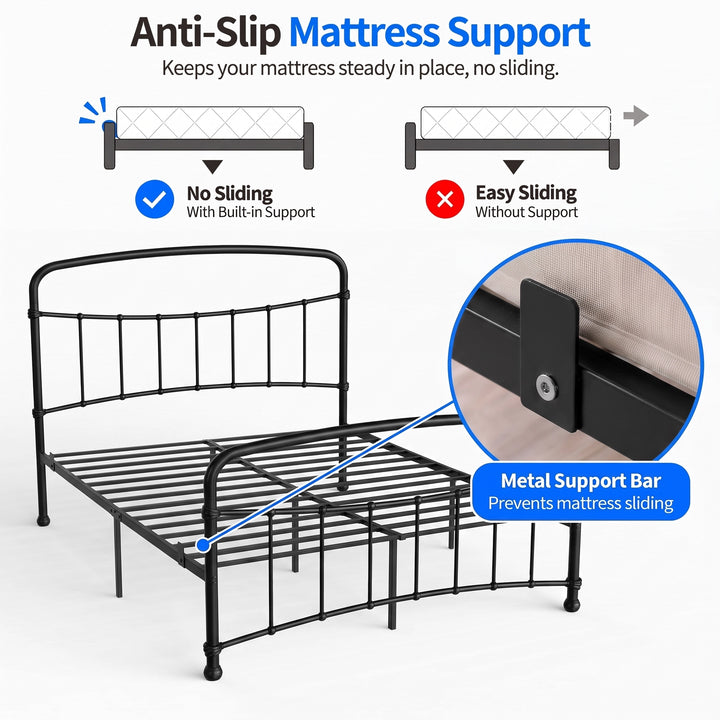 [Black | King] Anti-slip mattress support graphic with metal support bar close-up and no sliding vs sliding diagrams