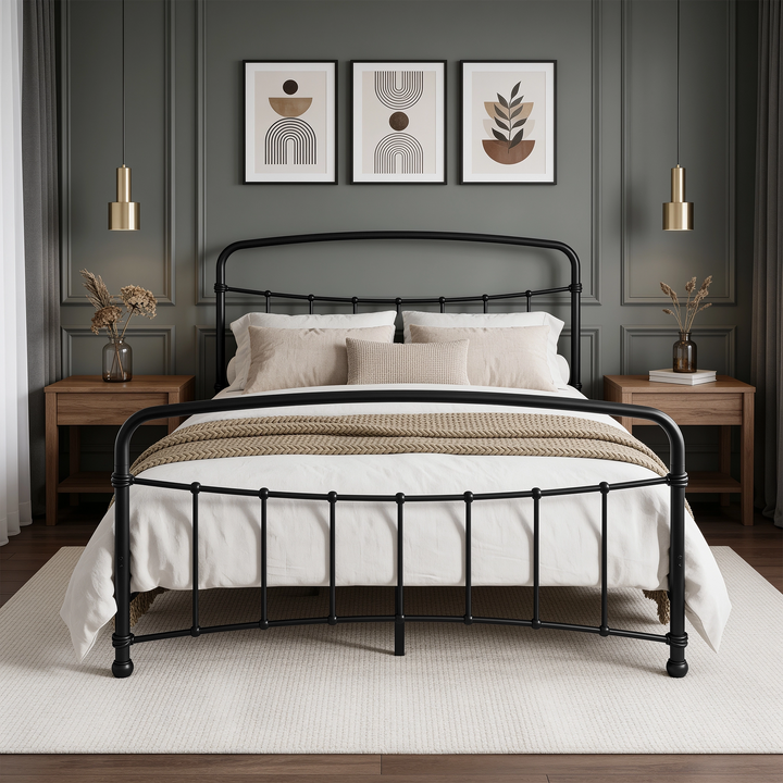 [Black | King] Front view of curved headboard and footboard, wooden bedside tables, brass pendants and wall art