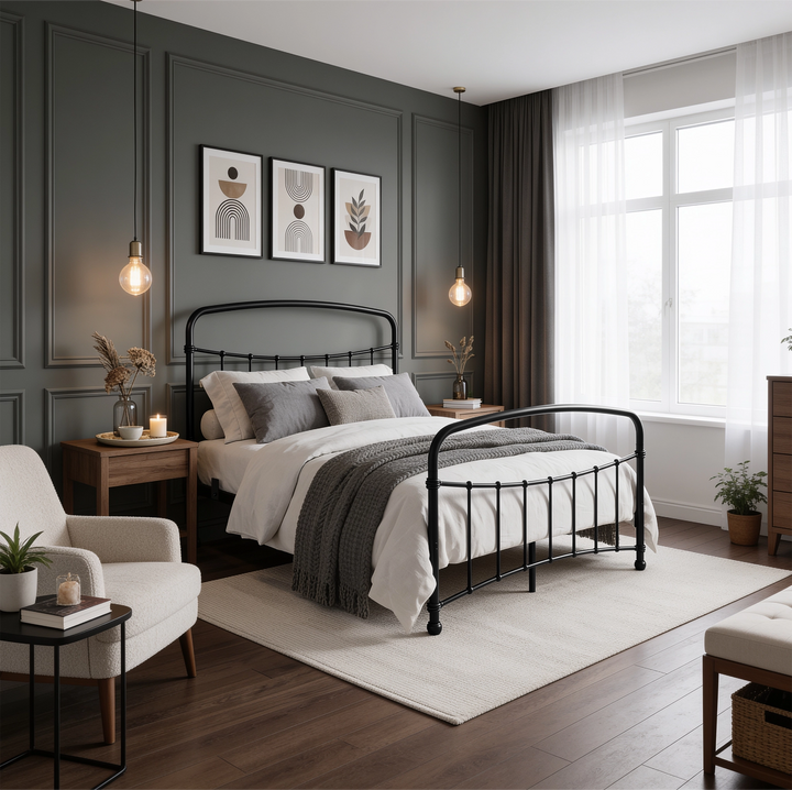 [Black | King] Wide bedroom view of curved black bed with grey throw, bulb pendants, boucle armchair and large window