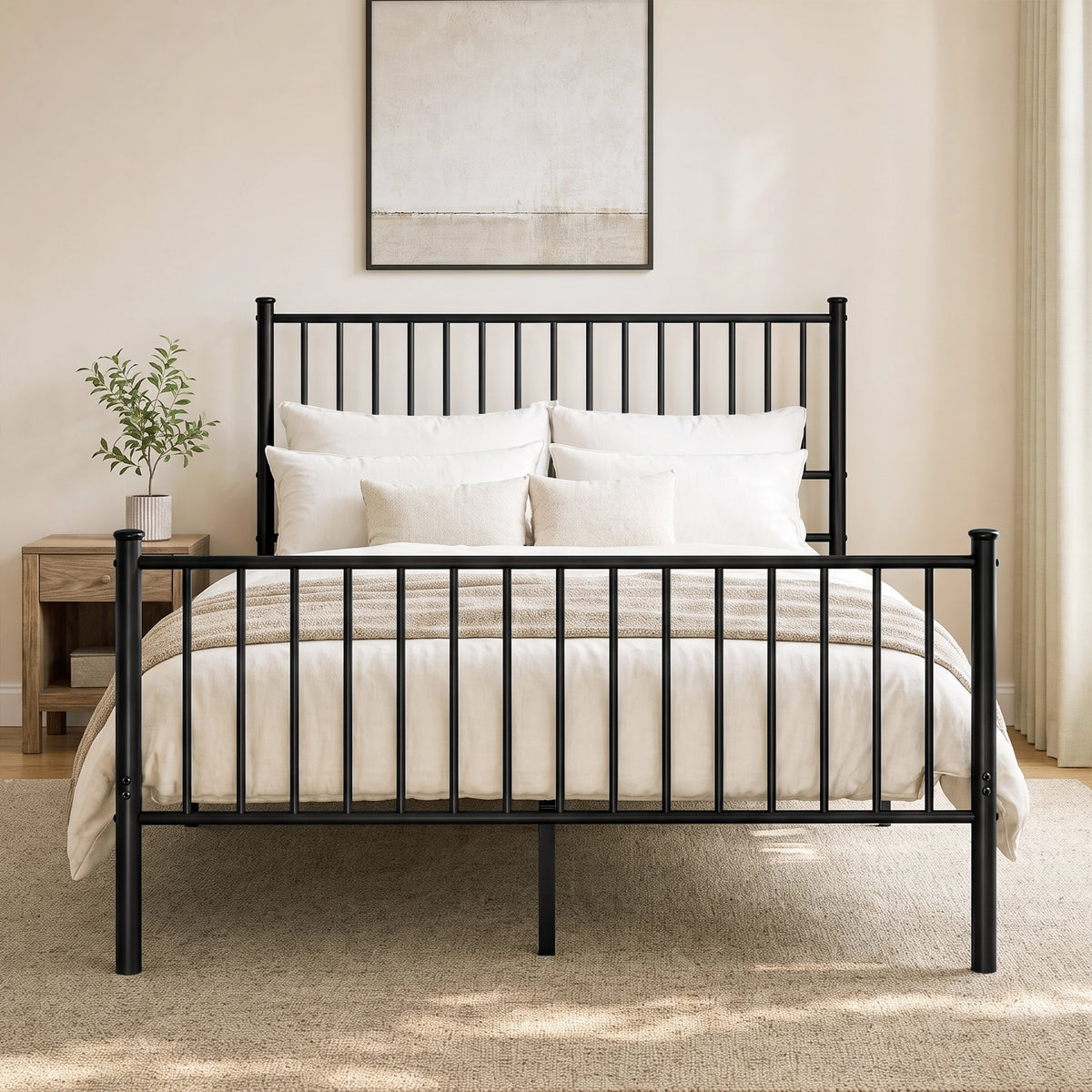 [Black | King] Front view of black metal king bed with white bedding, bar headboard and footboard, centre leg, lamp and plant