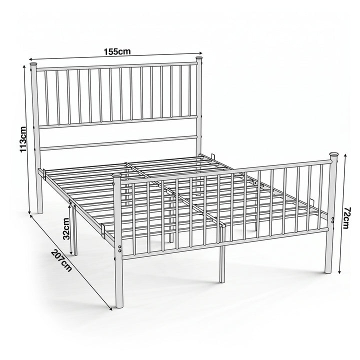 [Black | King] Metal king bed size guide showing 155cm wide, 201cm long, 113cm headboard, 73cm footboard and 32cm clearance.