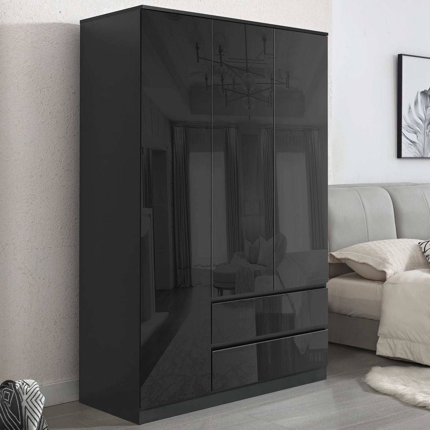 High Gloss 3 Door Wardrobe With Drawers And Shelves