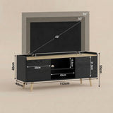 [Black | 112 cm] Larvik annotated dimension diagram showing 112x40x55cm unit, 33cm door width, 43cm shelf width, and 43–55 inch TV compatibility