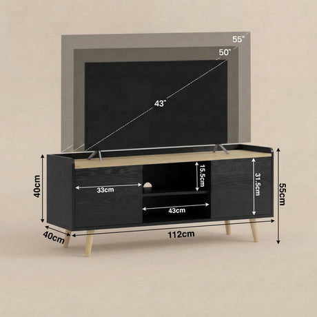 [Black | 112 cm] Larvik annotated dimension diagram showing 112x40x55cm unit, 33cm door width, 43cm shelf width, and 43–55 inch TV compatibility