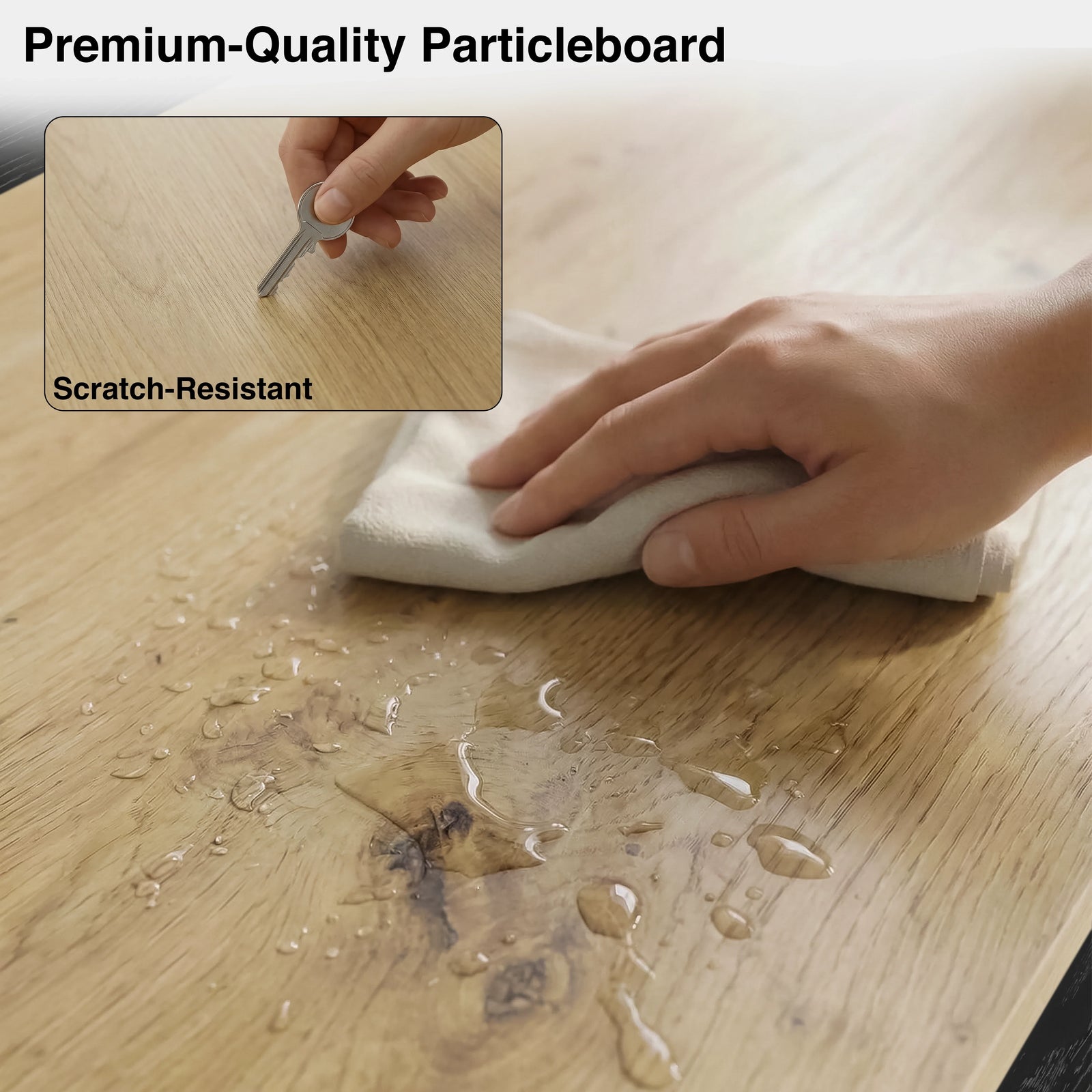 [Black | 112 cm] Larvik oak top surface close-up with hand wiping water spillage and inset showing scratch-resistant key test