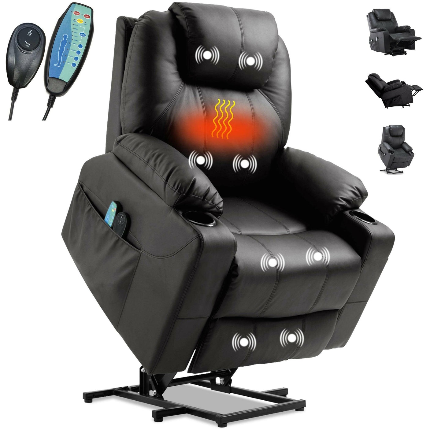Black Electric Recliner Chair For Elderly with riser function, massage zones, heating pad, and ergonomic cushioning for living room comfort.