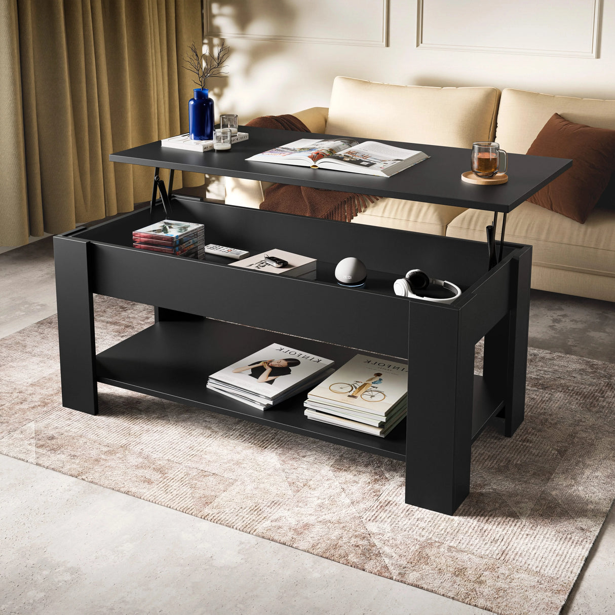 [Black] Lift top coffee table with top raised showing hidden storage in elegant living room.