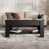 [Black] Lift top coffee table closed front view with books and headphones on lower shelf.