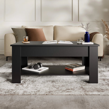 [Black] Lift top coffee table closed front view with books and headphones on lower shelf.