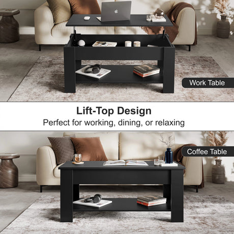 [Black] Lift top coffee table shown open as work table and closed as coffee table.