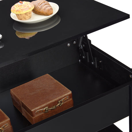 Close-up of the black lift-up coffee table showing the top surface with the lift mechanism inside.