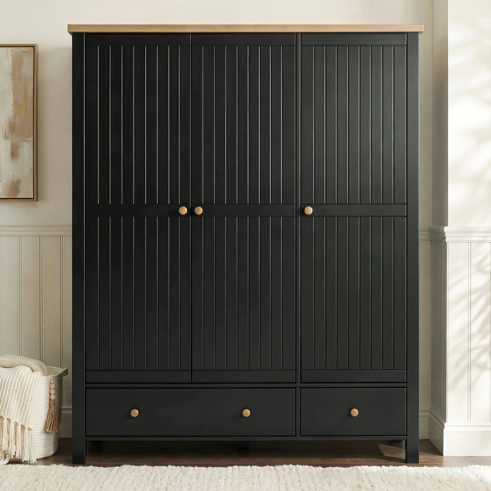 [Black] Linra bedroom furniture set 3 sliding door wardrobe with grooved panels, brass knobs and 2 base drawers