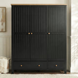 [Black] Linra bedroom furniture set 3 sliding door wardrobe with grooved panels, brass knobs and 2 base drawers