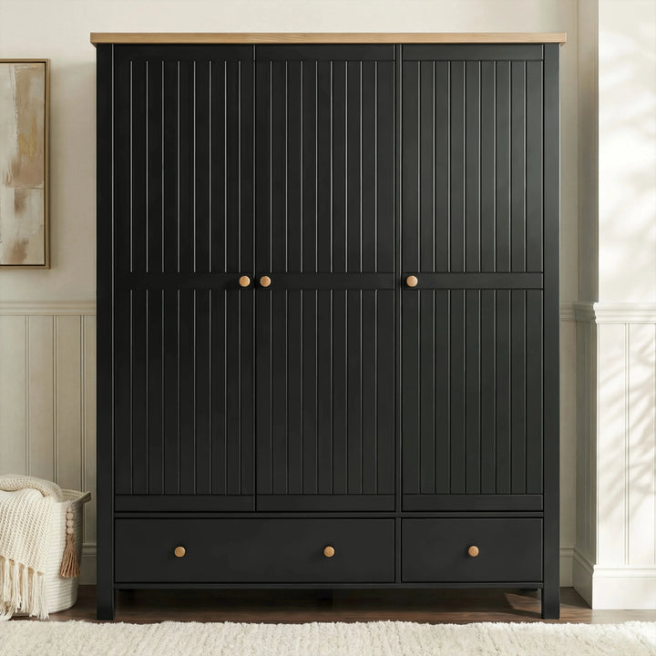 [Black] Linra bedroom furniture set 3 sliding door wardrobe with grooved panels, brass knobs and 2 base drawers