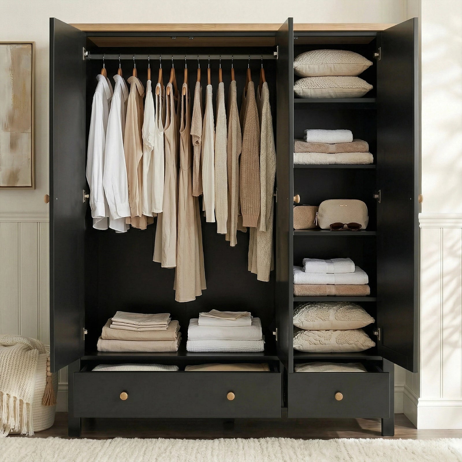 [Black] Linra bedroom furniture set wardrobe open showing hanging rail with clothes and shelves with folded items