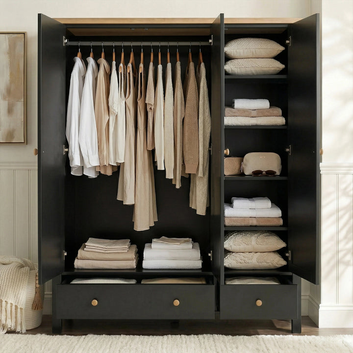[Black] Linra bedroom furniture set wardrobe open showing hanging rail with clothes and shelves with folded items