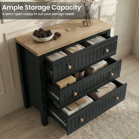 [Black] Linra open 3 drawers chest showing storage and oak veneer top finish and wooden knobs