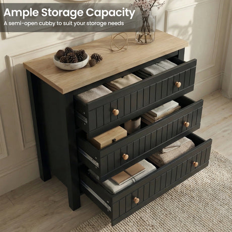 [Black] Linra open 3 drawers chest showing storage and oak veneer top finish and wooden knobs