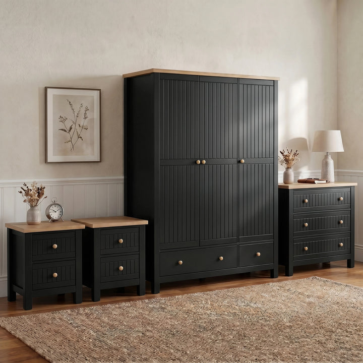 [Black] Linra bedroom furniture set group shot showing wardrobe, chest of drawers and pair of bedsides
