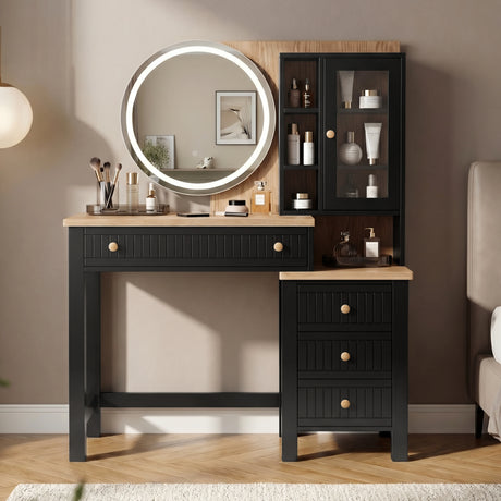 [Black] Linra dressing table front view with illuminated LED mirror and full width storage drawer arrangement