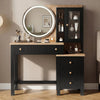 [Black] Linra dressing table in black with LED mirror, oak top, three drawers and stool placed in styled bedroom