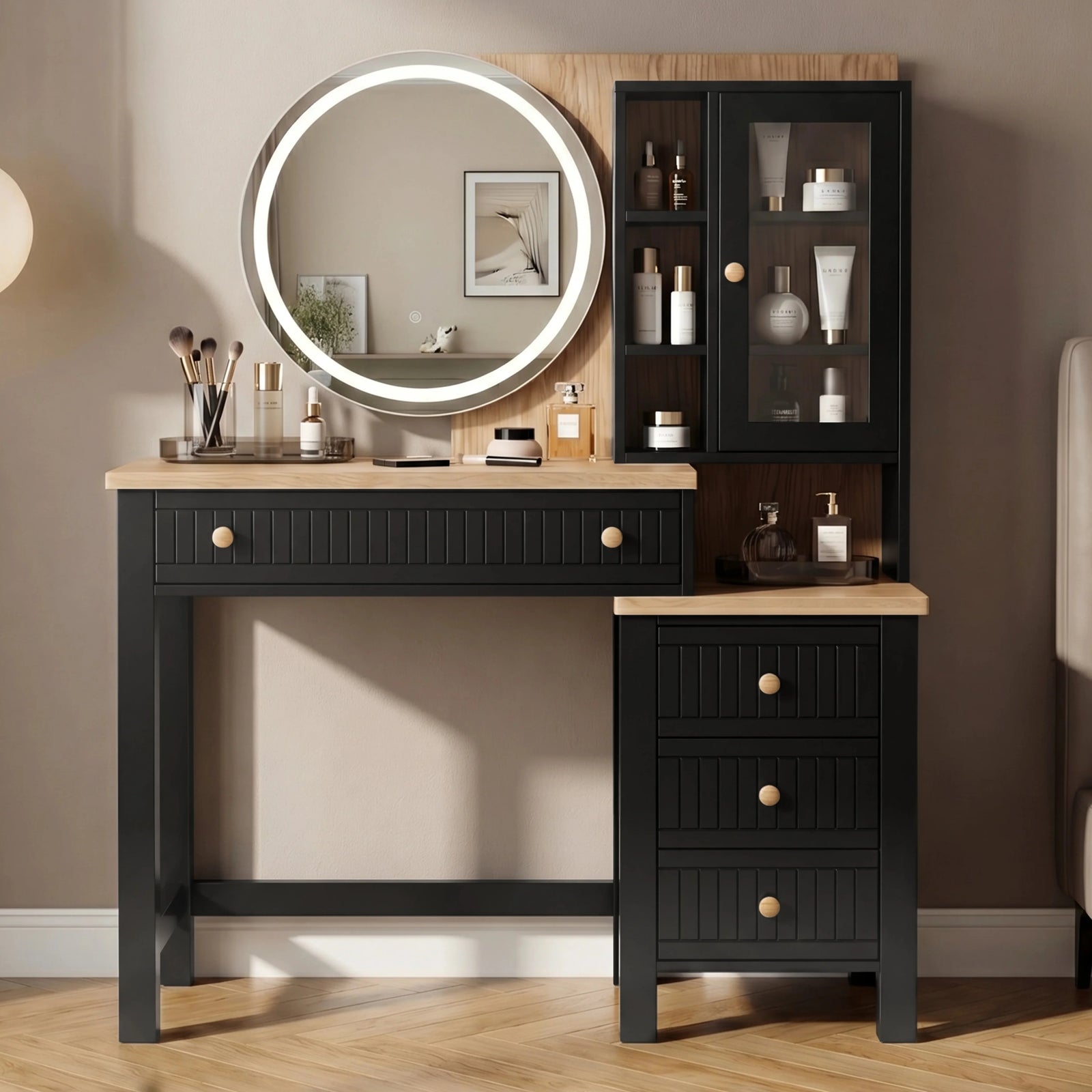 [Black] Linra dressing table in black with LED mirror, oak top, three drawers and stool placed in styled bedroom