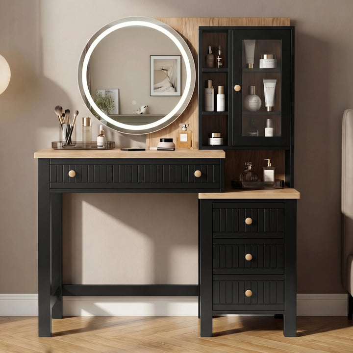 [Black] Linra dressing table in black with LED mirror, oak top, three drawers and stool placed in styled bedroom