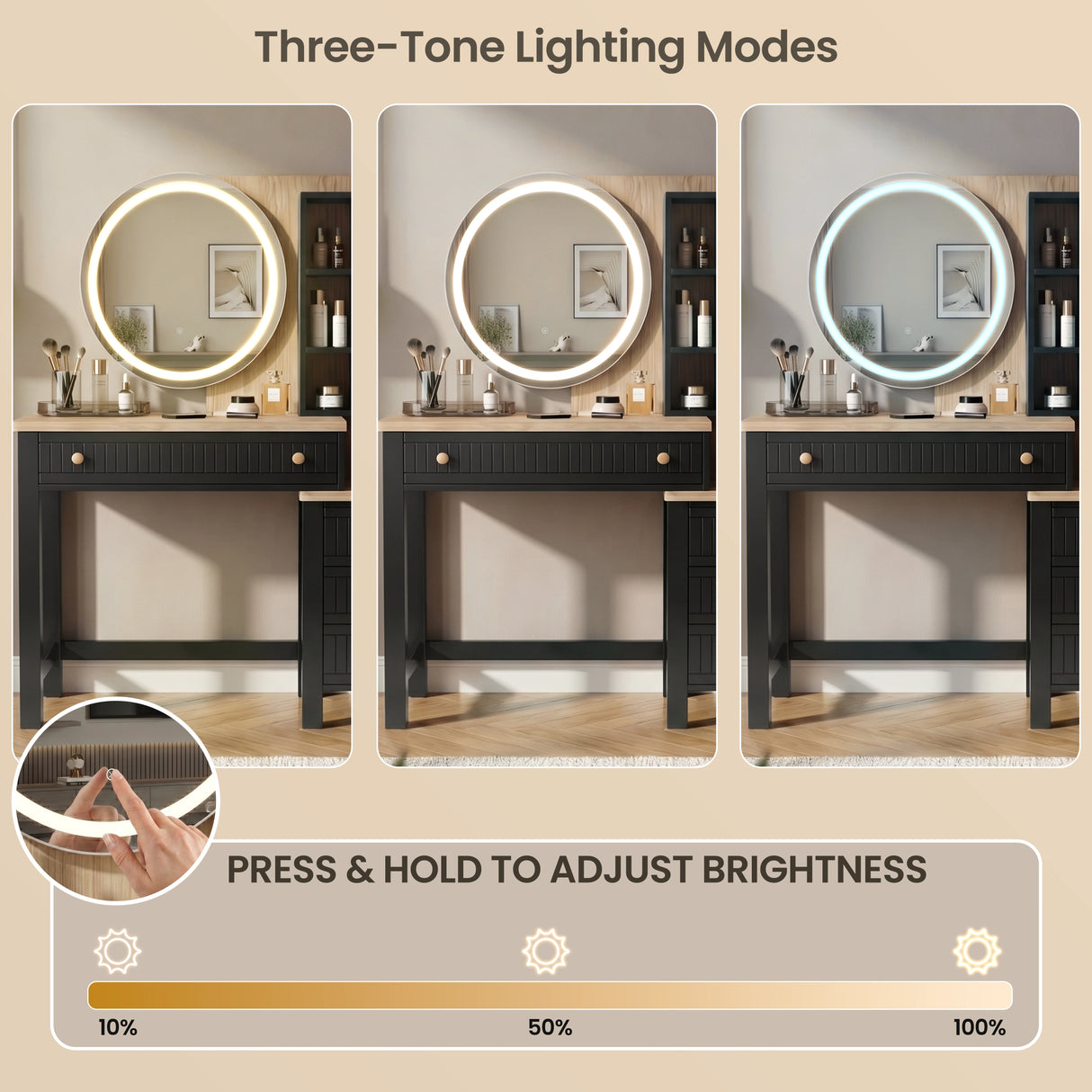 [Black] Linra black vanity desk with three-tone LED lighting and touch-sensor dimming from 10% to 100% brightness.