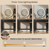 [Black] Linra black vanity desk with three-tone LED lighting and touch-sensor dimming from 10% to 100% brightness.