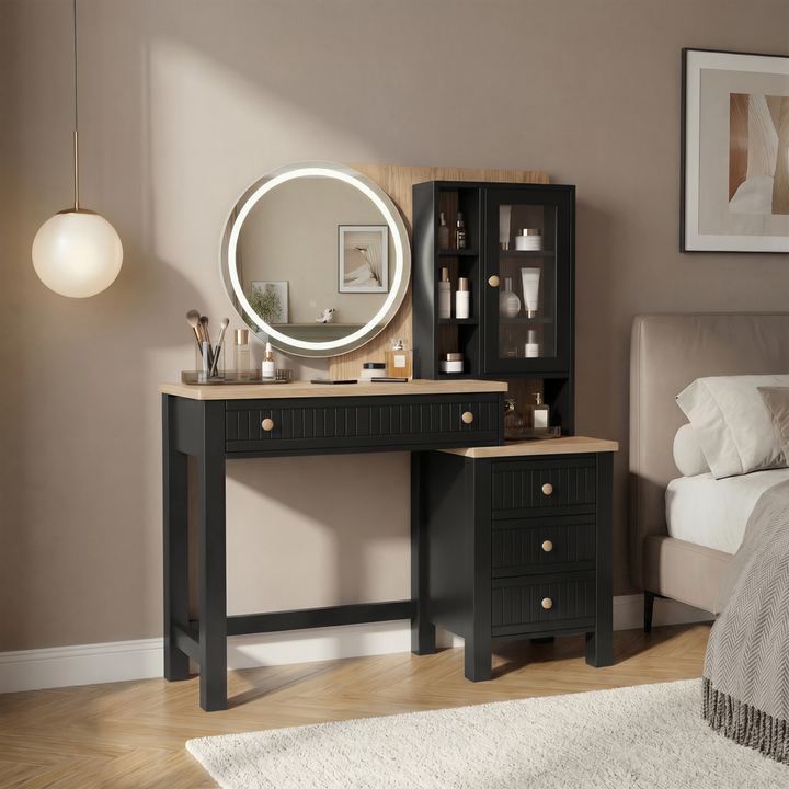 [Black] Linra dressing table lifestyle scene with rug, framed art and ambient lamp glow across the cabinet