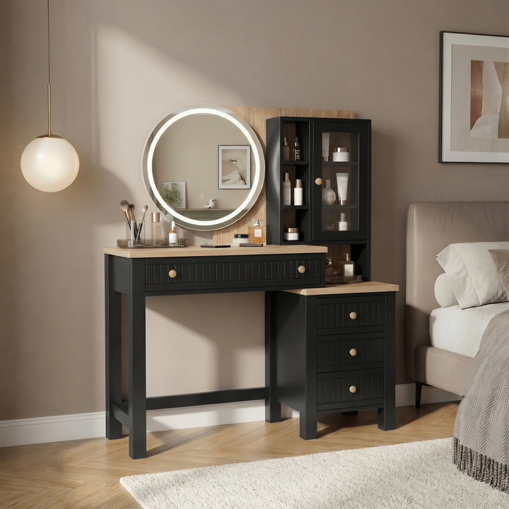 [Black] Linra dressing table lifestyle scene with rug, framed art and ambient lamp glow across the cabinet